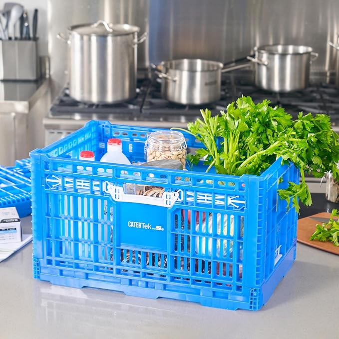Restaurantware Plastic Milk Crates for Storage - 10 Pack - Cater Tek Stackable Storage Buns for Organizing - Collapsible Storage Basket for Groceries, Home Supplies, Blue