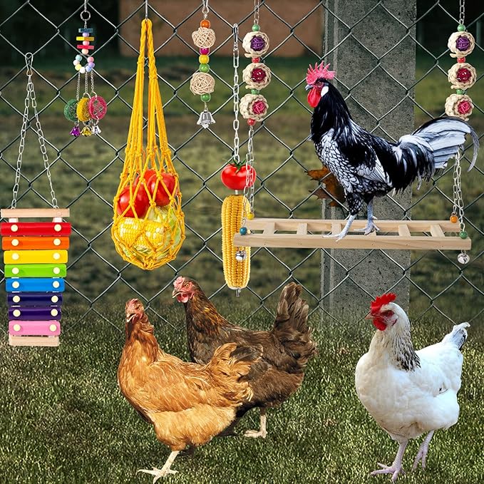 13 Pack Chicken Toys for Coop Accessories - Chicken Xylophone Toy, Chicken Mirror, Chicken Ladder Bridge, Coop Swing, Vegetable Hanging Chicken Feeder, Chewing Foraging Toys, Gifts for Hens