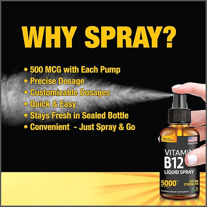 Vitamin B12 Sublingual Spray 5000 mcg – Vegan Methylcobalamin Liquid B12 Boost Energy, Mood & Brain Health - Gluten-Free, Non-GMO B12 Spray for Men & Women - Easy Dosage (5000 mcg in 10 Sprays)
