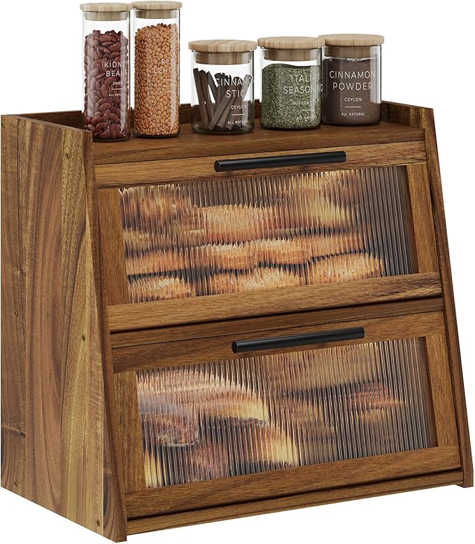 Bread Box for Kitchen Counter, Wooden Double Layer Bread Storage Container Bin,Bread Holde,Countertop Bread Storage with Window