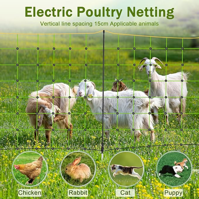 Electric Fence for Chickens, Electric Poultry Netting, Solar Powered Electric Fence, with 14 Posts Double Spiked, for Chicken, Cat, Rabbit in Backyards, Ranches, Farms