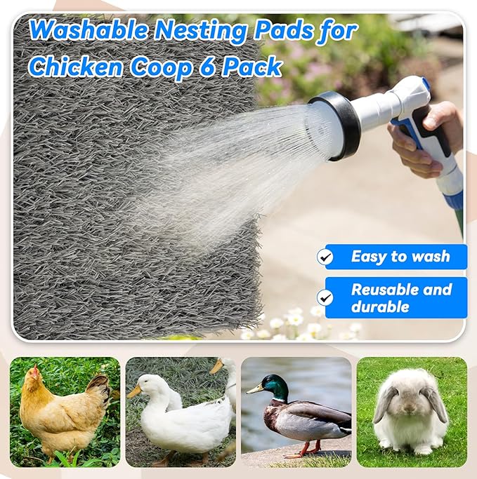 6 Pcs Chickens Nesting Box Pads -12×12",Washable Chickens Nesting Pads Artificial Grass Rug Reusable Hens Nest Boxes Pad Chicken Coop Bedding for Laying Eggs (Grey)
