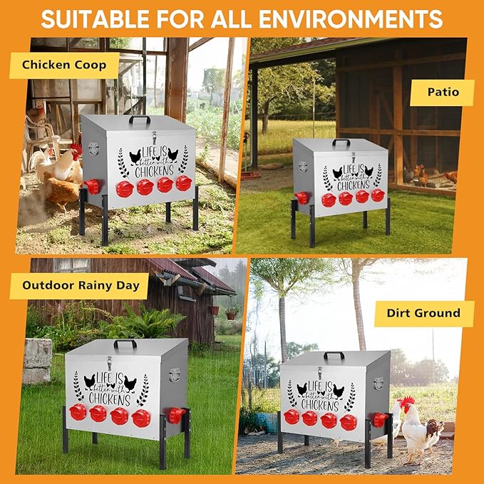 95 lb Chicken Feeder with 10 No-Waste Ports – Extra-Large Galvanized Metal Poultry Feeder with Adjustable Height Heavy-Duty Stand – Outdoor Feed Box for Chickens, Ducks & Geese