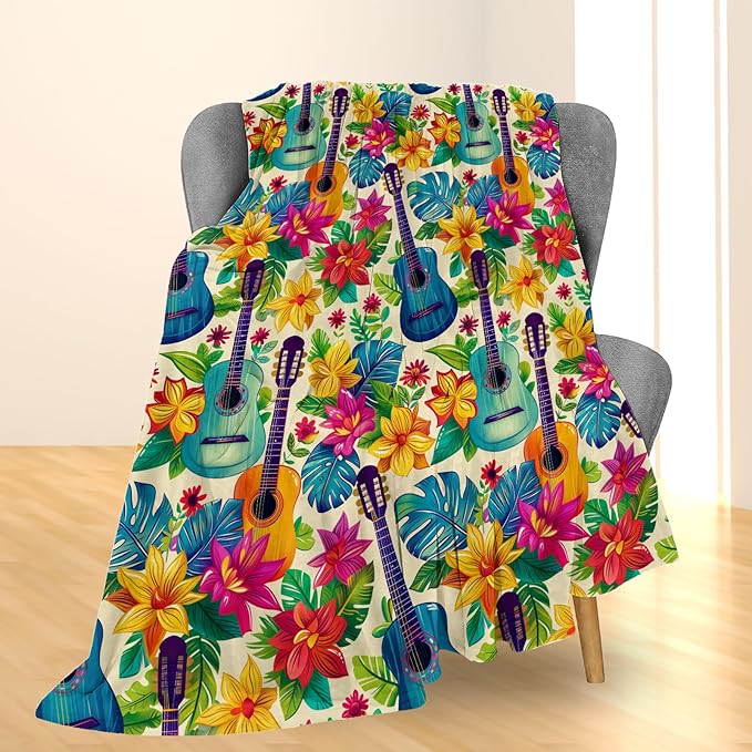 Tropical Colorful Guitar and Floral Blanket, Soft Flannel Throw for Couch, Bed, Travel, Living Room & Home Decor, Cozy Lightweight Warm Fuzzy Blankets for Adults Kids Women Girls 60×50 in