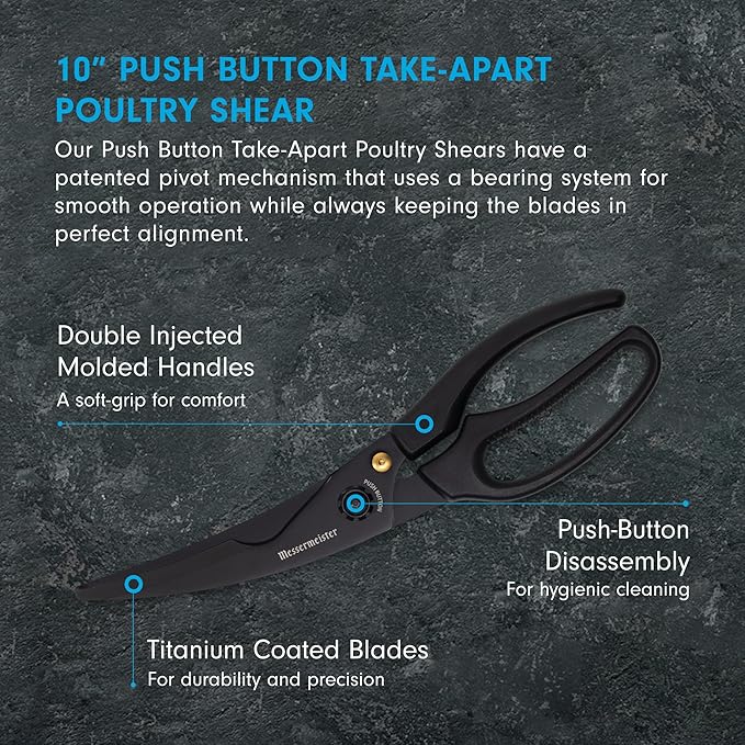 Messermeister 10-Inch Push Button Take-Apart Poultry Shears, Titanium Black - High-Carbon Stainless Steel & Soft-Grip Handles - Includes Nut Cracker & Bottle Opener
