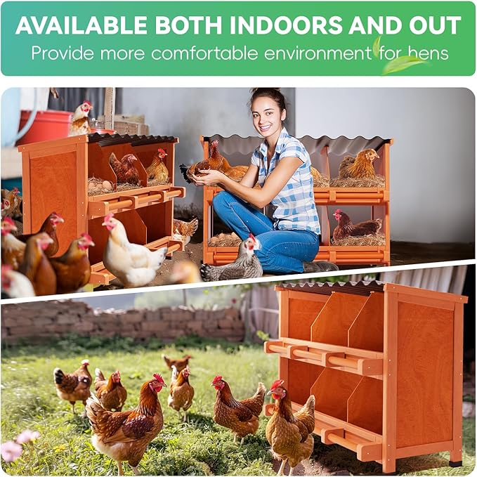 2-Tier Chicken Nesting Box, 6 Compartment Wooden Nesting Box for Chickens with Waterproof Roof, Non-Slip Stable Base, Heavy Duty Chicken Laying Boxes for Hens, Duck, Poultry, Bird, Orange