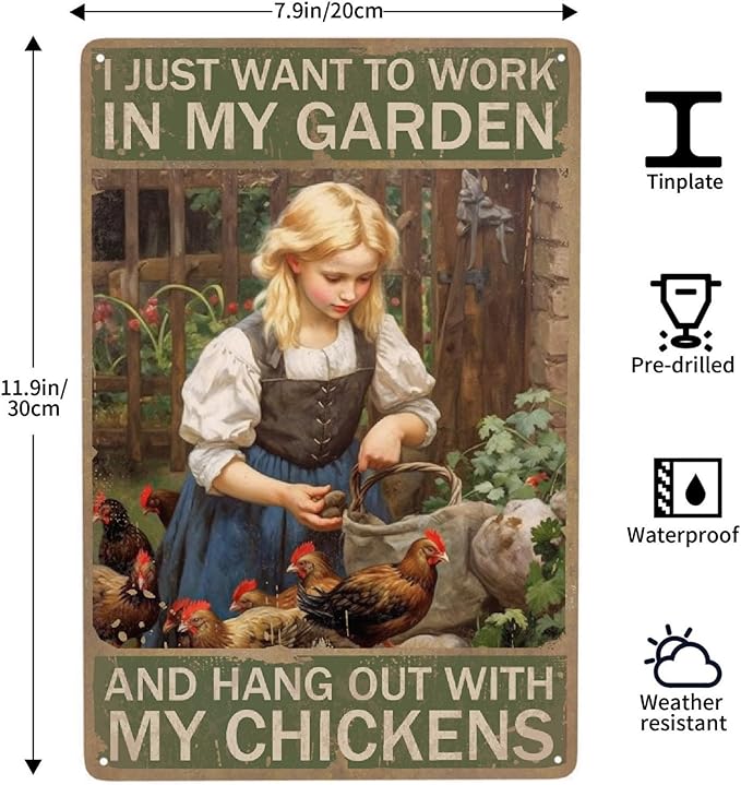 Jocasa Vintage Girl Metal Tin Sign - Chicken Sign For Chicken Coop, 12''X 8''
