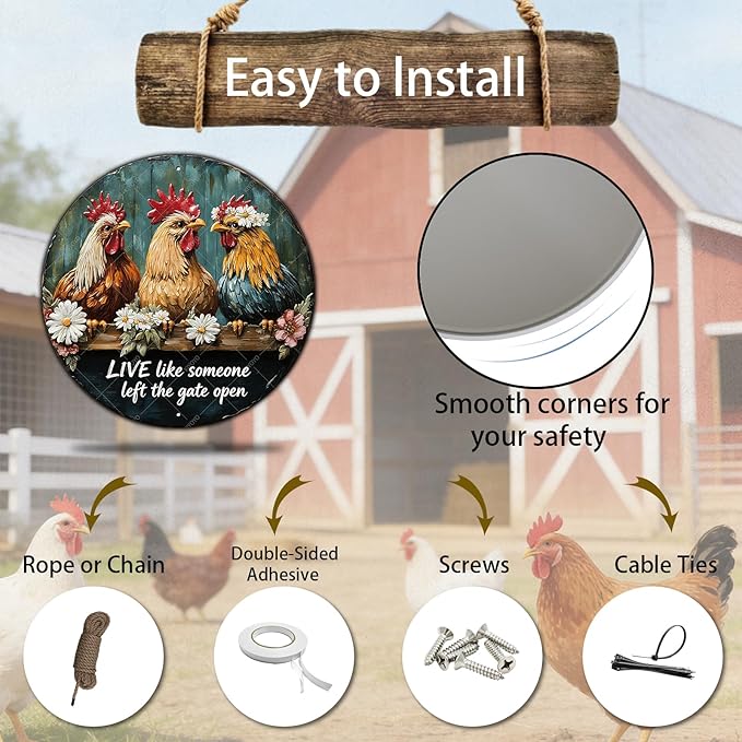 Chicken Wall Decor Live Like Someone Left The Gate Open Poster Funny Farm Chicken Coop Round Metal Tin Signs Home Kitchen Garden Restaurant Rooster Outdoor Yard Wall Art Decor 12 Inch