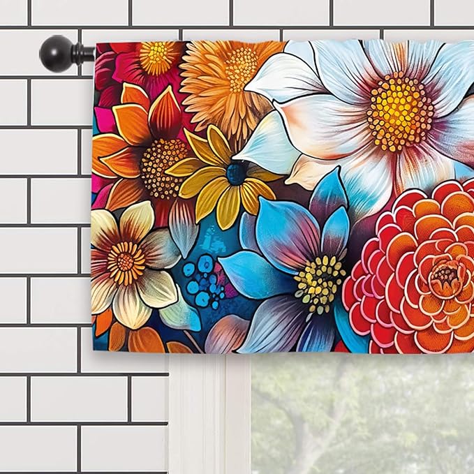 Bohemian Colorful Flower Kitchen Curtain Valance 54W x 18L Inch Blossom Botanical Plant Vintage Rod Pocket Short Cafe Small Window Treatment Drapes Decor