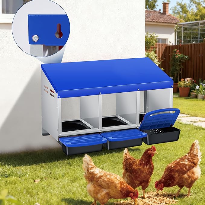 Chicken Nesting Box, 3-Hole Wall Mount Metal Chicken Nesting Box with Rollout Egg Collection & Easy-Clean Pull Out Tray, Roll Away Hen Roosting Boxes