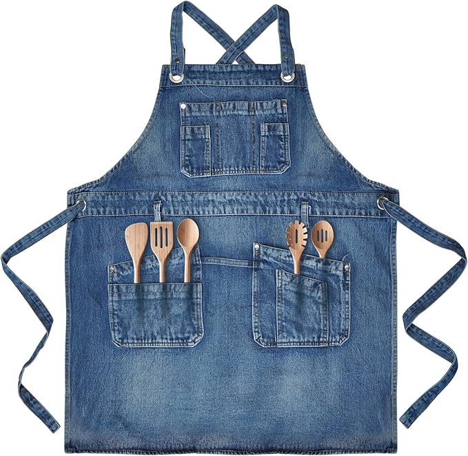 Denim Apron with Multi Pockets for Kitchen, Cooking, BBQ & Gardening