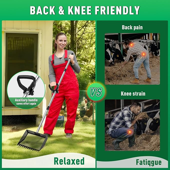 TOOGE Upgraded Chicken Poop Scooper: 10" Metal Pooper Scooper & Rake 4-Section 62" Long Handle Chicken Coop Scoop Scoopers Accessories Large Sand Sifting Litter Shovel for Goats/Yard/Farm/Beach Black