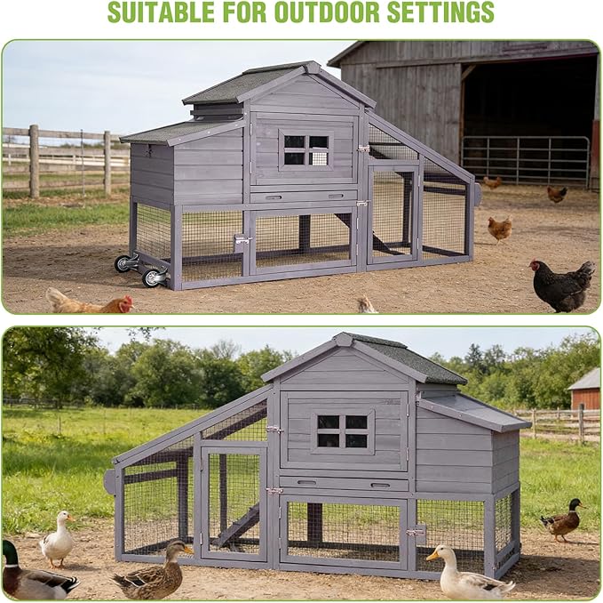 GUTINNEEN Large Chicken Coop on Wheels, Expandable Outdoor Mobile Chicken House, Hen House Poultry Cage with Nesting Box, Leakproof Pull-Out Tray & UV-Resistant Roof – Grey