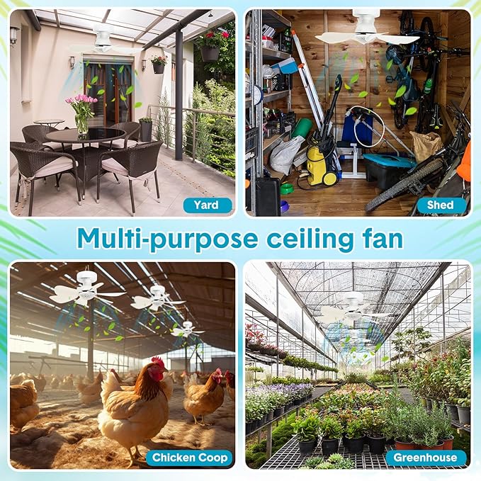 2 Set Solar Ceiling Fan Kit 25w Solar Powered Rechargeable Ceiling Fan with 3 Color Light and Remote Control, Built in 5000mah Battery, for Outdoor Chicken Coop Camping Tent