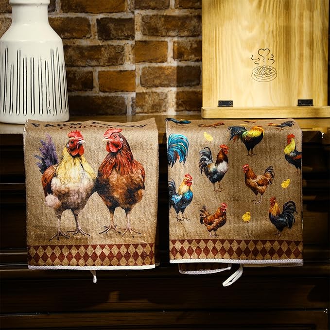 Bencailor 6 Pcs Farmhouse Kitchen Towels Chicken Rooster Kitchen Decor Farm Animal Hand Towels for Cooking Baking Housewarming Gift,15.75 x 23.62 inch(Brown,Retro Chicken Print)