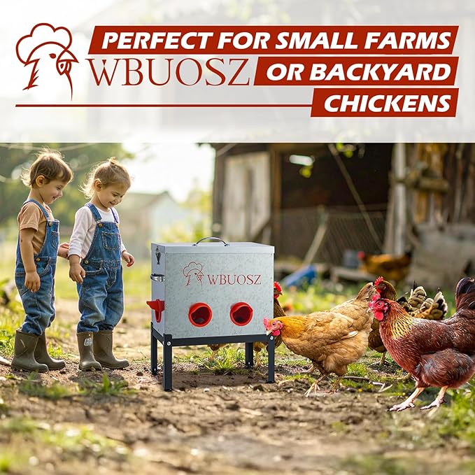 Automatic Chicken Feeder Box 40 lbs 6 Ports Large Capacity No Waste Galvanized Metal Poultry Feeder with Locking Lid and Legs for Hen Coop