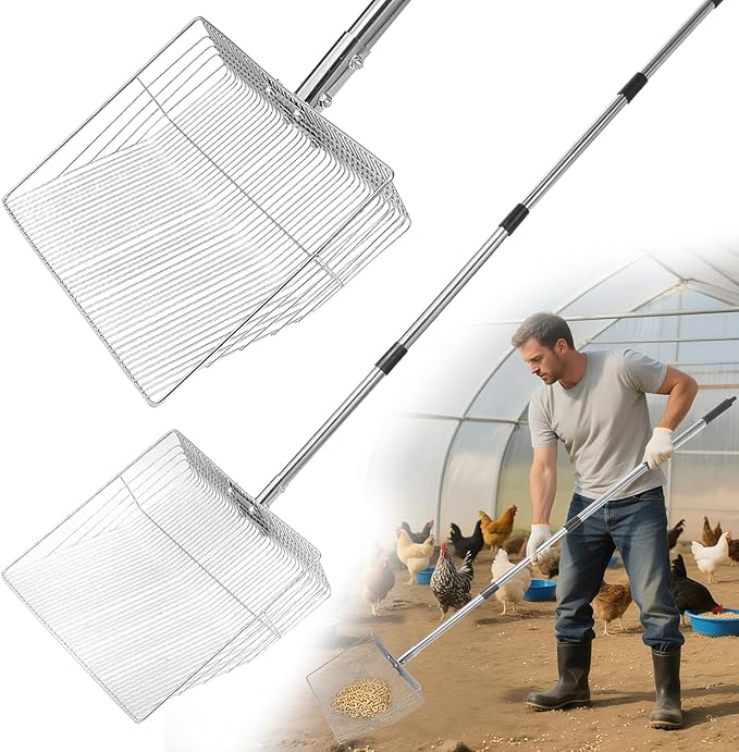 12 inch Chicken Poop Scooper, 4 in 1 Adjustable Chicken Coop Pooper Shovel (24 to 68"), Stainless Steel Sifting Litter Shovel Scoop for Chicken Coop/Goat Stall/Stable Cleaning