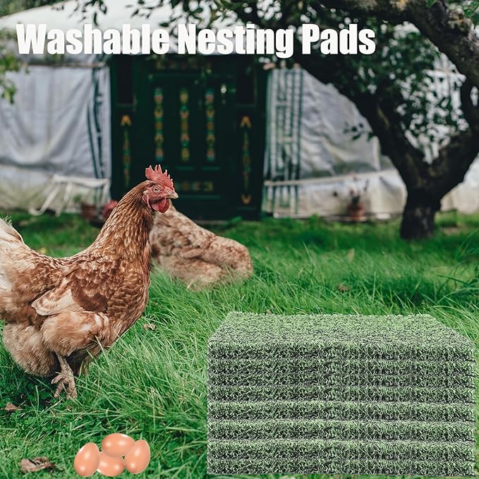 8 Pcs Chicken Nesting Pads, Washable Nesting Box Liners for Chicken Coop, Reusable Plastic Nest Box Pads with 4 Pcs Fake Wooden Eggs, Chicken Laying Mats, 12×12×0.8 inch