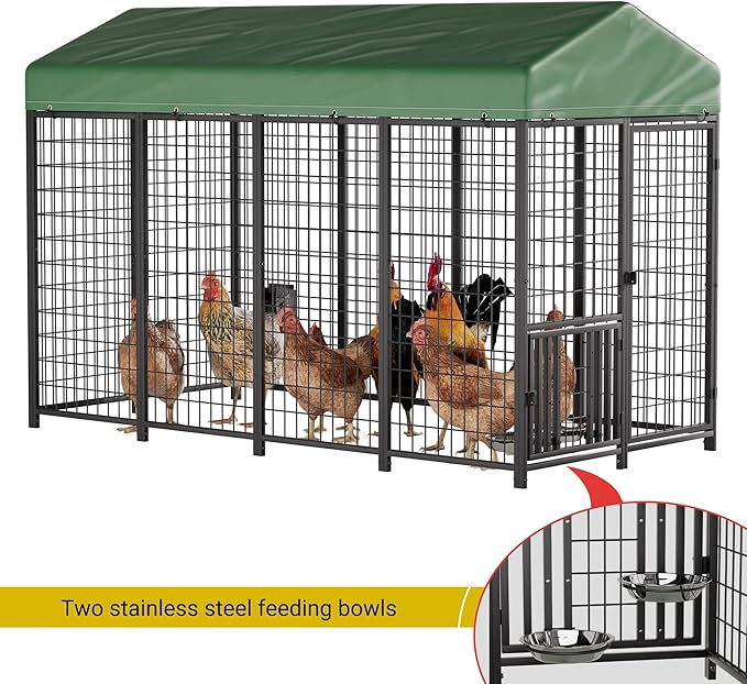 YOHKOH Chicken Enclosure, 8'W x 4'D x 5.6'H Large Outdoor Poultry Coop with Waterproof Cover, Metal Walk-in Chicken Coop for 15 Chickens Ducks Rabbits, Sturdy Heavy-Duty Black Poultry Pen