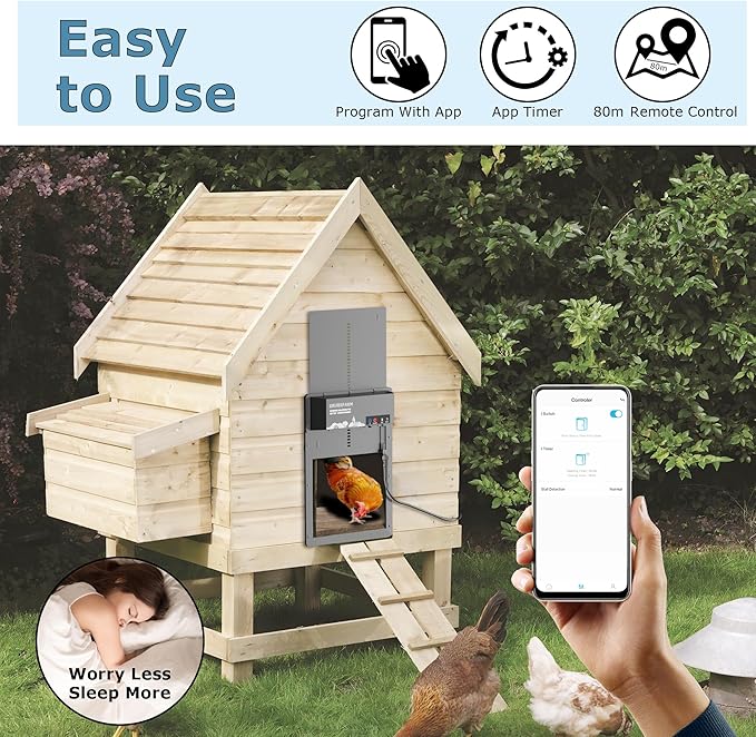 Automatic Chicken Coop Door - Programmable with App Timer, Solar/Battery/Grid Powered, Multi Anti-Pinch - Resistance Detection & Motion Sensor, Plug & Play Electric Door, Weatherproof