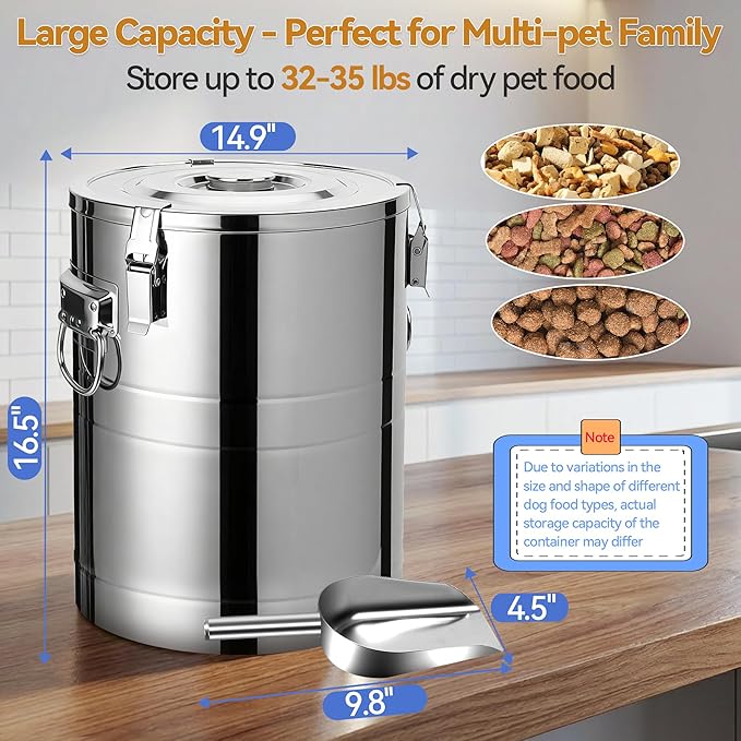 Newget 35 Lbs Stainless Steel Dog Food Storage Container, Large Airtight Pet Food Storage Bin with Lid to Keep Fresh, Metal Container with Scoop for Dog, Cat, Bird Seed, Rice, Grain & Kitchen Pantry