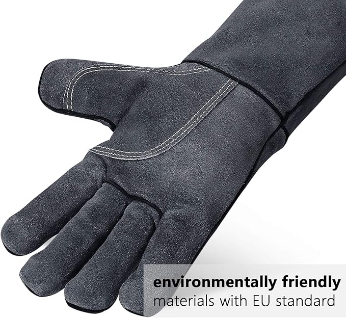 OZERO 932℉ Leather Forge Welding Gloves 14-inch Heat Resistant Grill BBQ Glove with Flame Retardant Long Sleeve and Insulated Lining for Men and Women Gray