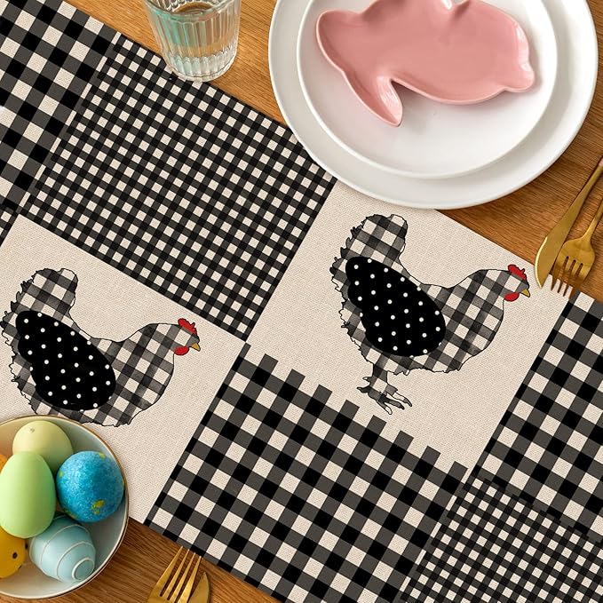 Seliem Farm Animal Chicken Hen Black White Buffalo Plaid Check Table Runner, Farmhouse Chick Home Kitchen Holiday Spring Summer Decor, Easter Country Rustic Burlap Dining Decoration Party Supply 13x36
