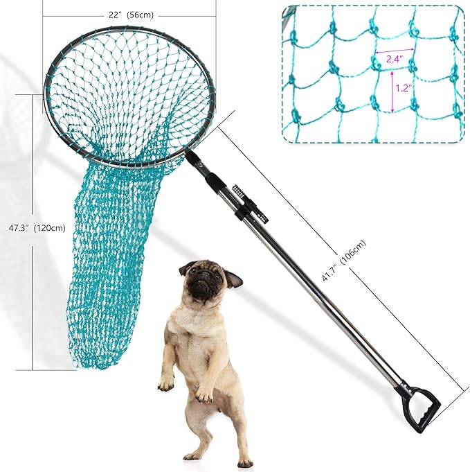 Dog Catch Net Animal Control Net Poultry Catching Trap Tool Length Adjustable for Cat, Pigeon and Others (42~70" Handle with 22" Net Opening) (Stainless Steel, Natural)