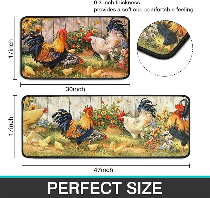 Roszwtit Rooster Kitchen Rug, Farmhouse Kitchen Rugs and Mats Set of 2, Kitchen Sets Low-Profile Washable Floor Mat for Home Kitchen Decor - 17x29 and 17x47 Inch