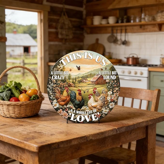 Round Vintage Chicken Metal Sign This Is Us A Little Bit Of Crazy A Little Bit Loud Chicken Coop Sign Home Kitchen Coffee Wall Decor Art Poster 12 Inch