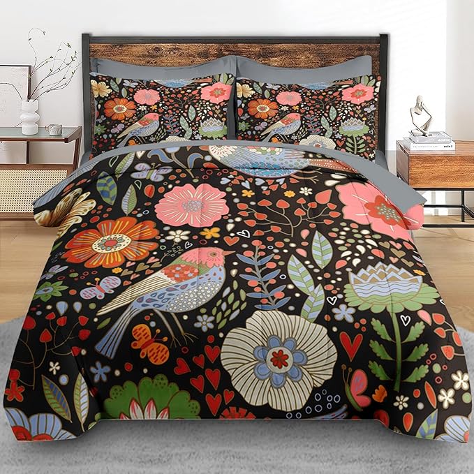 Comforter Set Queen Size, Retro Floral Bird 7 Pcs Bedding for Kids and Adults, Vintage Chinese Flower Bed Sheet Sets with Fitted Sheet 2 Pillowcases & 2 Shams for Bedroom Bed Decor