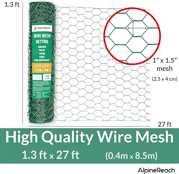 AlpineReach Chicken Wire 1.3ft x 27ft Fencing for Poultry, Crafts, Floral Arrangements, Zip Ties - Green Mesh Roll Galvanized Hexagonal PVC Coated Garden Netting for Gardening Fence (15.6" x 324")