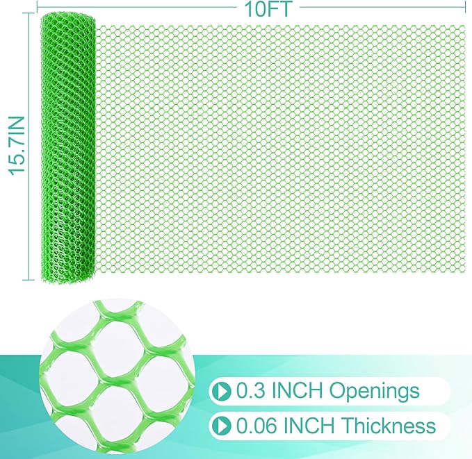 Plastic Mesh Fence Sheet 15.7IN x 10FT - 0.3IN Opening Plastic Chicken Wire Netting Roll Durable for Dogs, Poultry, Puppy, Garden Snake Barrier with 50 Pcs Zip Ties - Green