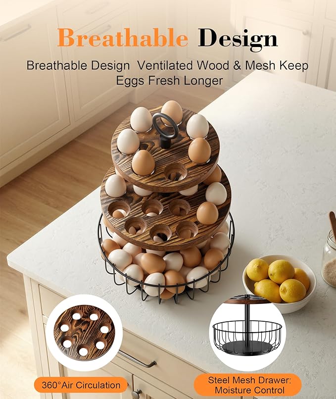 3-Tier 360° Rotating Egg Holder with 24+40 Egg Capacity - Rustic Farmhouse Kitchen Counter Organizer, Tiered Storage Rack with Ventilated Wooden Trays & Metal Basket for Easy Access and Freshness
