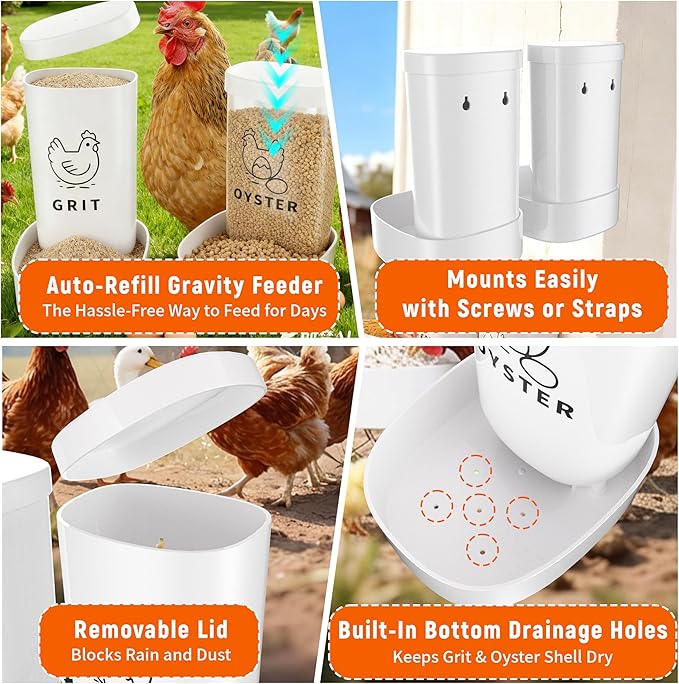 Chicken Grit and Oyster Shell Feeder, 2 Pack No Waste Hanging Chicken Feeder Combo, Waterproof ABS Automatic Gravity Poultry Feeder with Lid Rounded Edges, Coop Accessories for Healthier Hens and Eggs