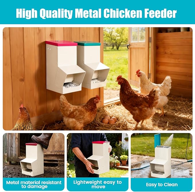 10L Chicken Grit and Oyster Shell Feeder Combo,Metal Automatic Chicken Feeder with Lid Chicken Coop Accessories Supplies Hanging Gravity Poultry Feeders Trough for Strong Eggs Poultry