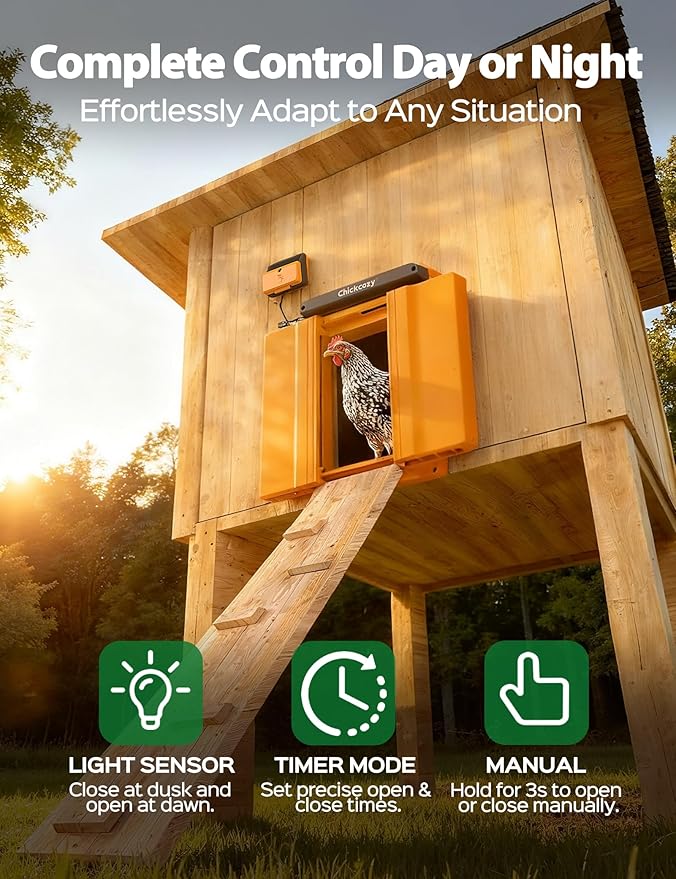 Solar-Powered Automatic Chicken Coop Door, Dual Motor Coop Door with Light Sensor, Timer & Manual Mode, Chicken Opener with Anti-Pinch System, Detachable Controller, Dual Power Options, Weatherproof