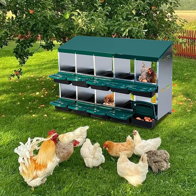 GarveeHome 2-Tier Chicken Nesting Box, 10 Compartment Metal Chicken Laying Boxes with Waterproof Roof ＆ Removable Trays for Hens, Poultry，Easy Egg Collection