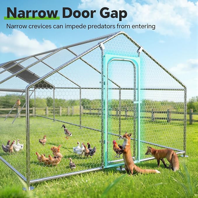 Large Metal Chicken Coop with Roosting Perch, Waterproof and UV Protection Cover, Chicken Run Outdoor Walk-in Cage Chicken Rabbit Duck Hen House for Yard Farm Use Spire Roof (10’ W x 26.2’ L x 6.4’ H)