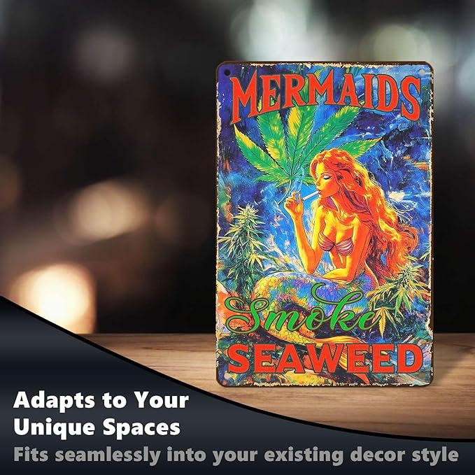 Vintage Mermaid Metal Sign Mermaids Smoke Seaweed Retro Ocean Beach Tin Sign Wall Decor Coastal Home Beach House Patio Porch Bathroom Coastal Novelty Decor Bar 12 * 8 In