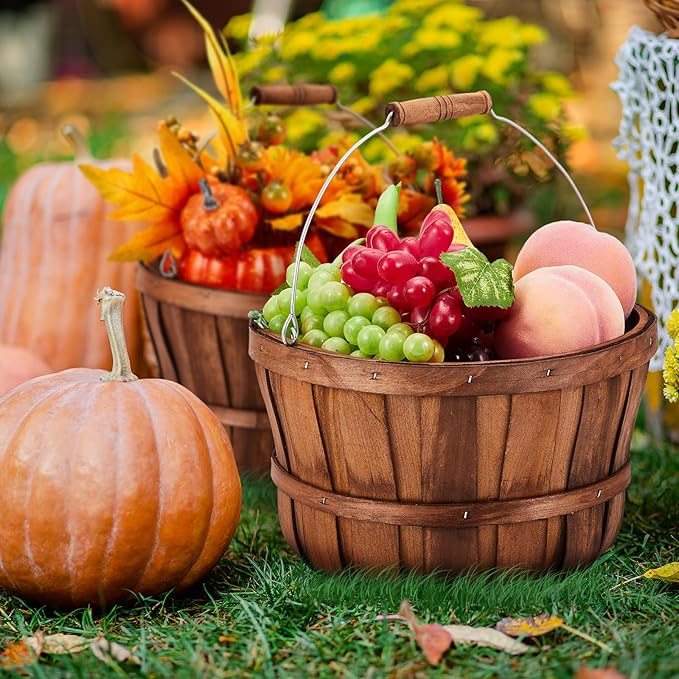 Marsui 8 Pcs Natural Wooden Fruit Baskets 11'' x 6.5'' - Fall Thanksgiving Halloween Decoration, Farmhouse Harvest Storage Bin, Portable Handle Apple Basket for Kitchen Farm Party Home Gift Giving