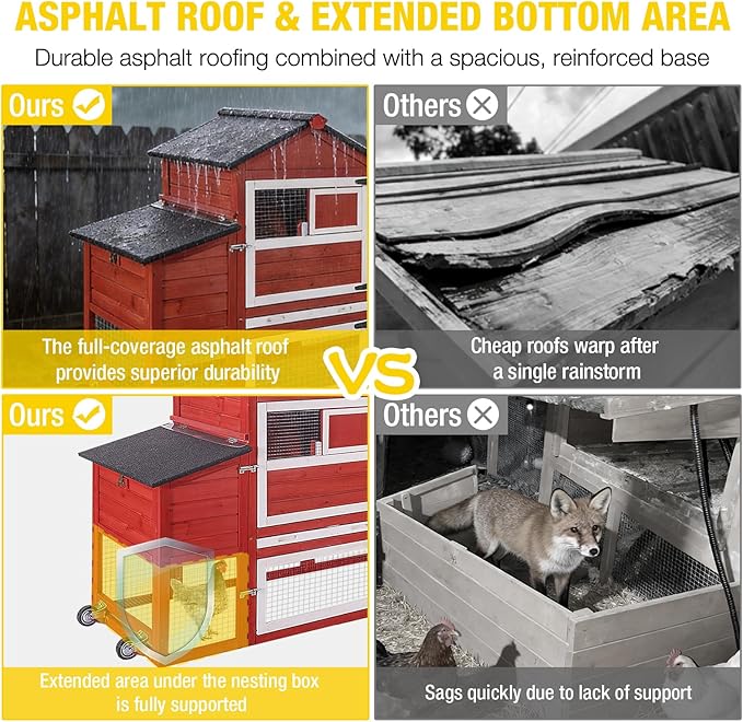 Aivituvin Large Chicken Coop with Wheels, Outdoor Hen House Mobile Poultry Cage with Run, Weatherproof Asphalt Roof, Sectionable Nesting Box, Leakproof Pull-Out Tray for 4-6 Chickens - Red