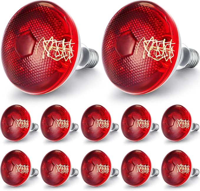 VIHOSE 12 Pack Infrared Heat Lamp for Chickens 150 Watt 120v Thickened Red Heat Lamp Bulbs for Food Service, Reptile, Pet, Bathroom, Light Therapy Use E26 Base