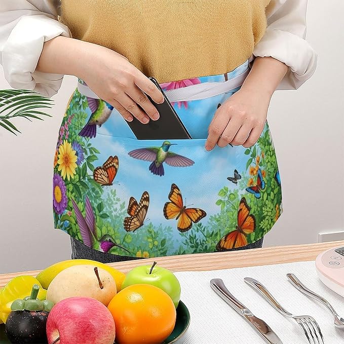 Unisex Chef Waiter Apron Waist Half Short Serving Aprons with 3 Pockets