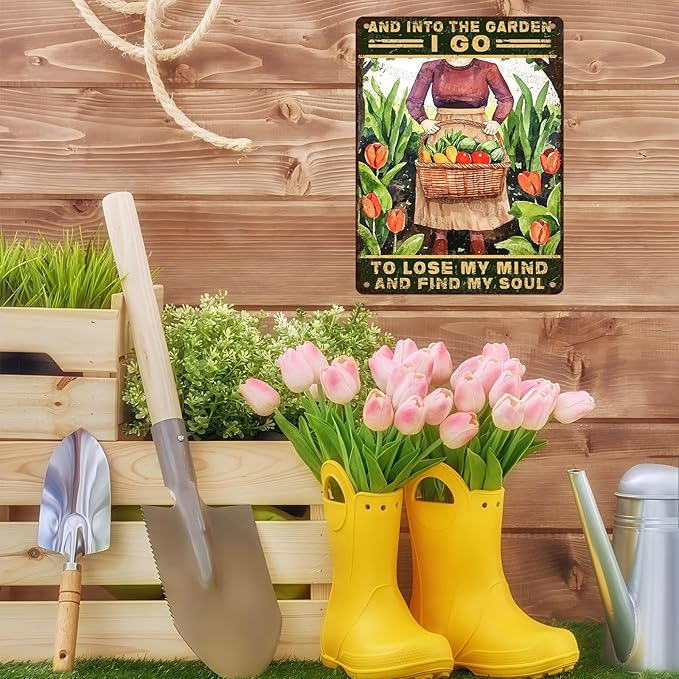 ARTWALLURE Garden Sign Vintage Girl Metal Decor And Into The Garden I Go to Lose My Mind and Find My Soul Gardening Sign Retro Decoration for Outdoor Patio 12x16inch