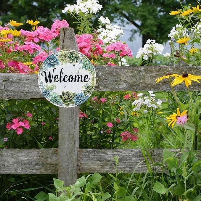 Round Welcome Wreath Aluminum Tin Sign Vintage Style Hanging Door Decor for Front Door Porch Entryway Outdoor Wall Art Decor 8x8inch