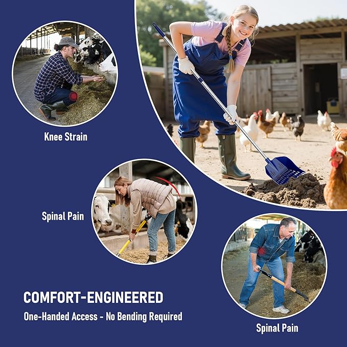 Chicken Poop Scooper & Rake, 2-in-1 Chicken Poop Pooper Shovel with 3-Shape Sifting Holes, 39 to 68" Chicken Coop Rake Stainless Steel Handle Litter Shovel for Small Farm Animals