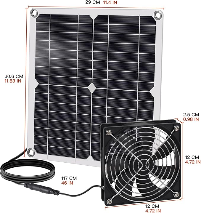 Solar Fan, 12W Weatherproof Solar Panel with DC Fan for Small Chicken Coops, Greenhouses, Sheds, Pet Houses, Intake or Exhaust air
