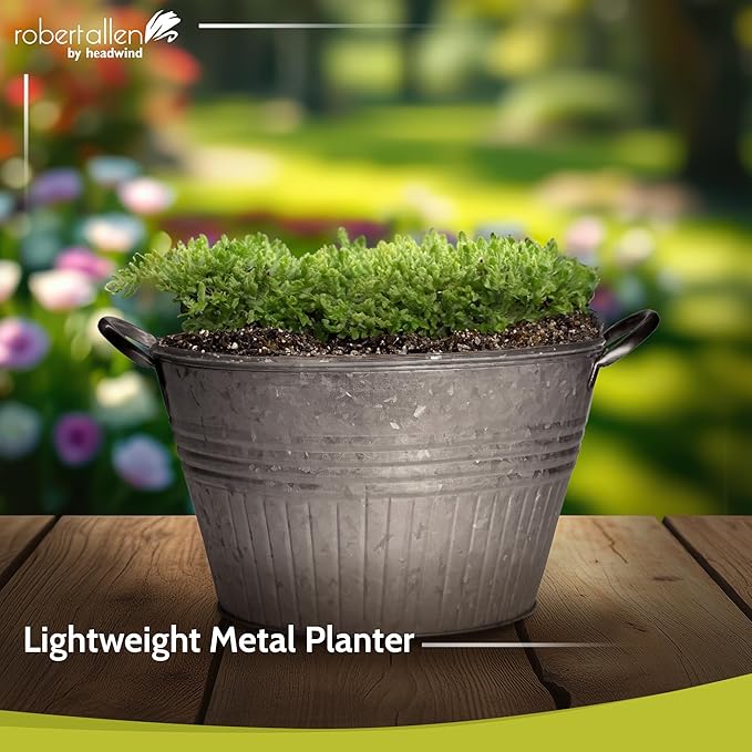 Headwind Decorative Planter - Round Galvanized Tub Planter with Handles – 14 Inch Lightweight Metal Planter with Drainage Hole – Galvanized Steel Tub for Plants - Metal Flower Pot by Robert Allen