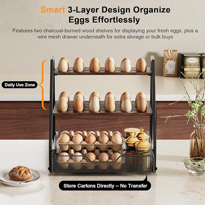 3-Tier Wooden Fresh Egg Holder Countertop With Basket for 36+90 Eggs, Wooden Egg Holder Countertop with Carry Handle for Gathering 150+ Eggs, Duck, and Quail Eggs